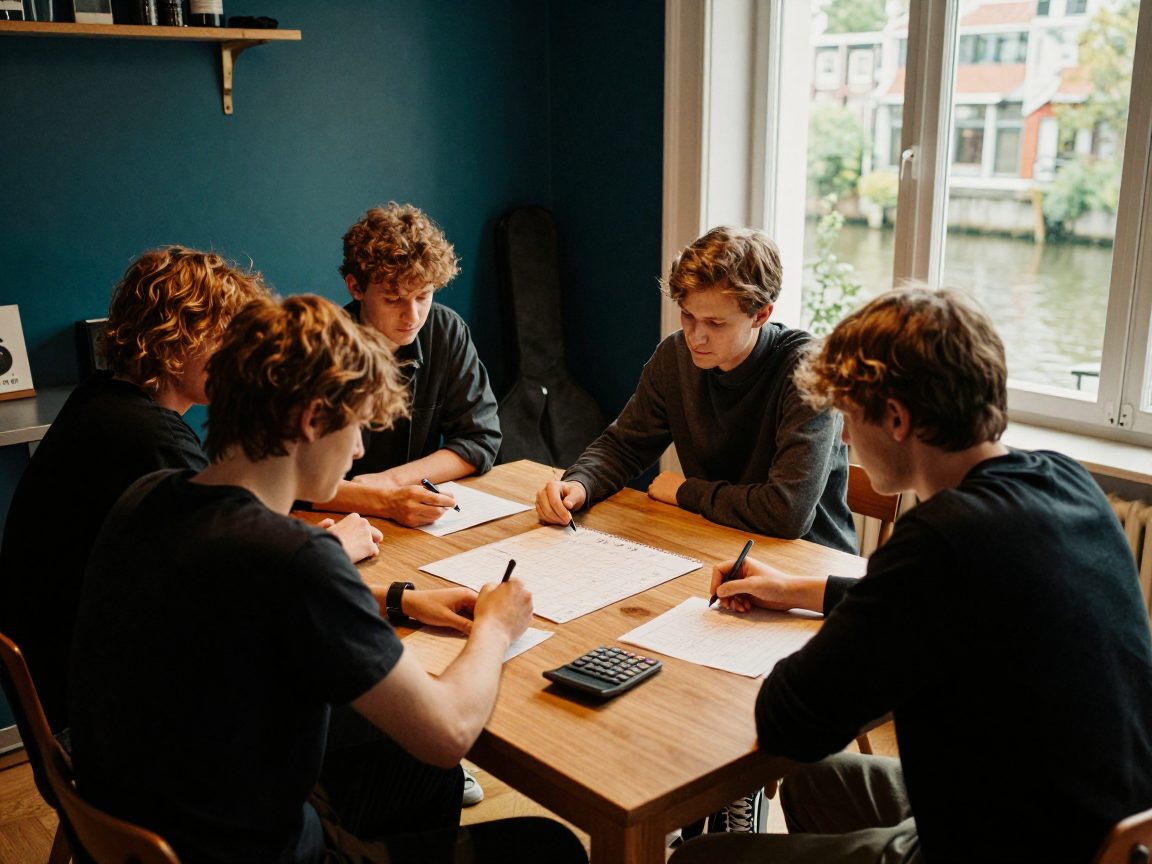 Bandleden plannen hun opname aan een keukentafel met notities, een kalender en een rekenmachine.