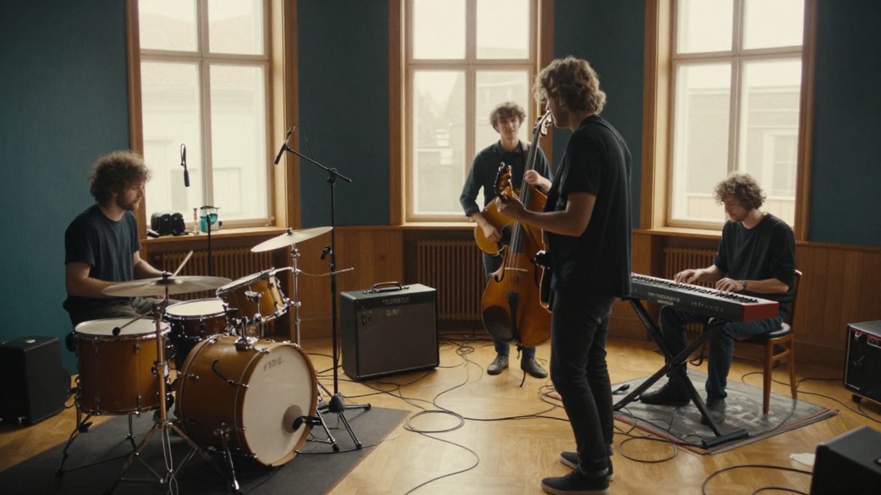 Vierkoppige band speelt samen live in een houten opnameruimte met microfoons rond het drumstel.