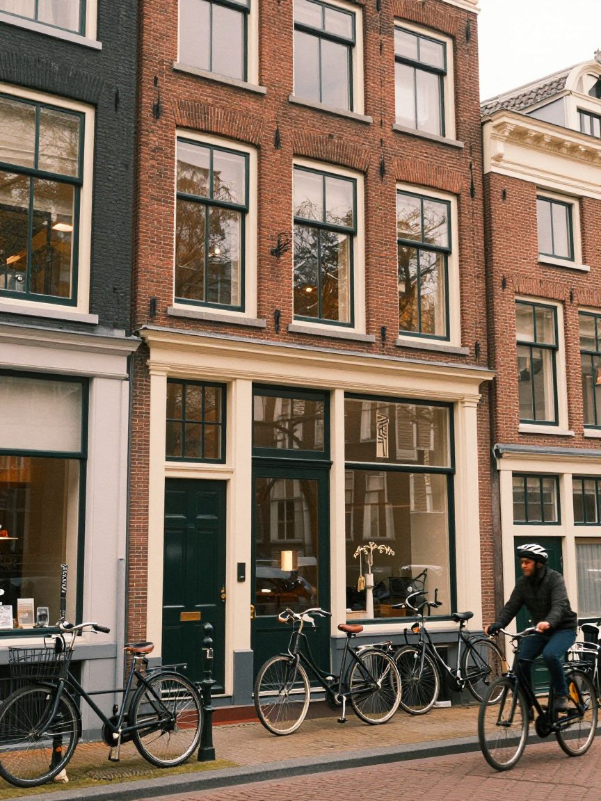 Bakstenen negentiende-eeuws pand aan de Overtoom met groene deur en geparkeerde fietsen.