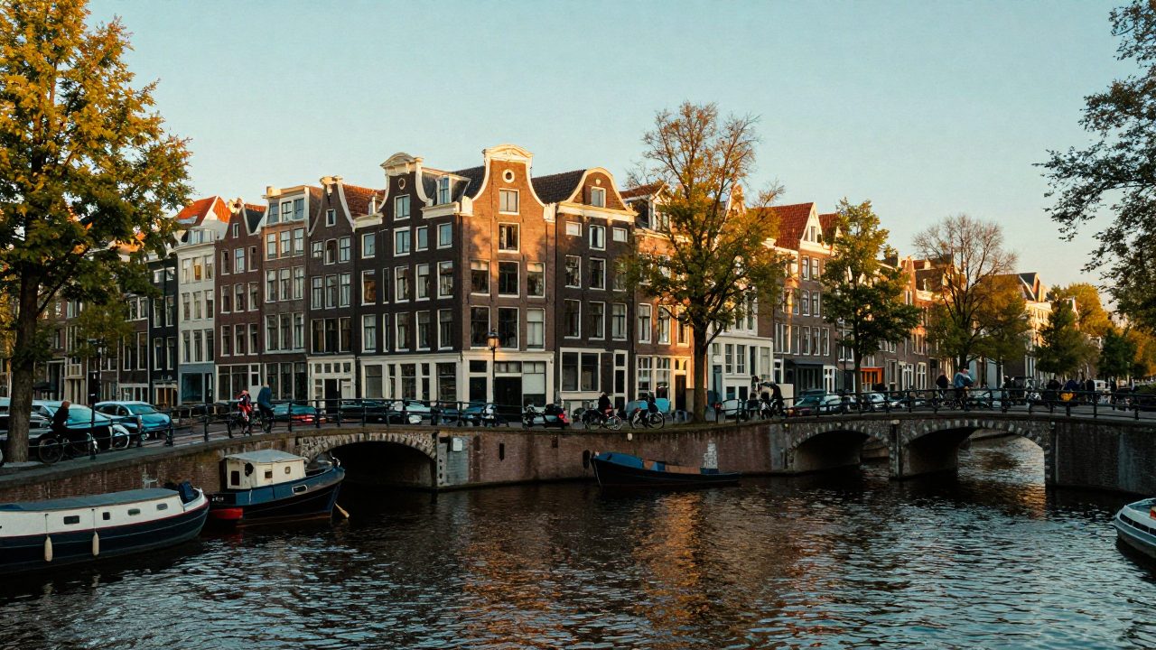 Amsterdamse gracht met grachtenpanden, woonboten en fietsers op een brug in de avondzon.