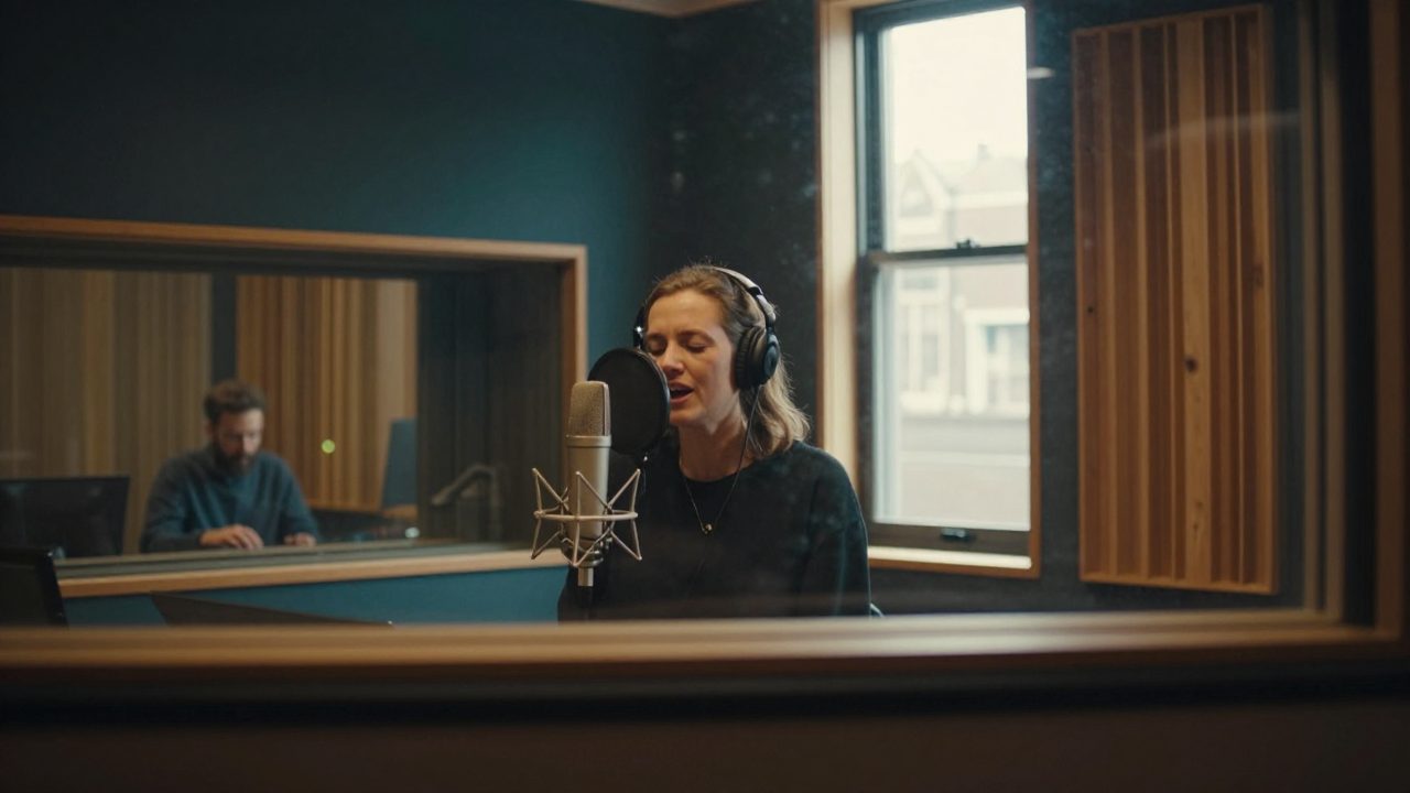 Zangeres zingt in een microfoon terwijl een engineer meekijkt door het glas van de regiekamer.