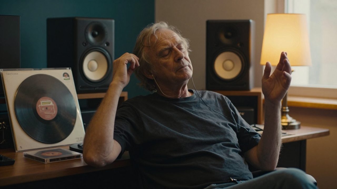 Masteringengineer luistert geconcentreerd met gesloten ogen tussen twee grote studiomonitoren.