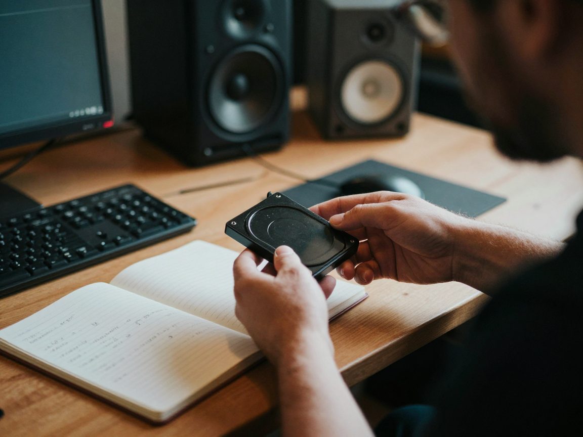Muzikant overhandigt een externe harde schijf aan een engineer over een houten studiobureau.