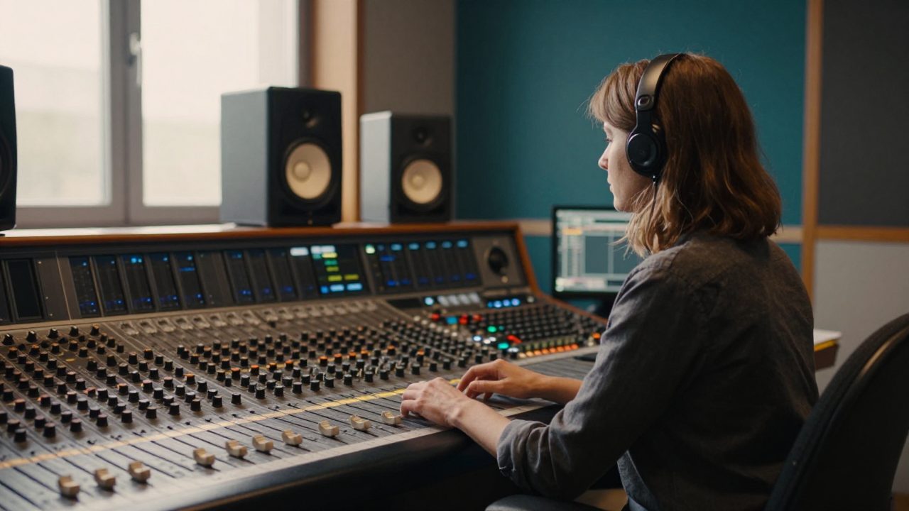 Mixengineer bedient de faders van een mengtafel tussen twee studiomonitoren in de regiekamer.
