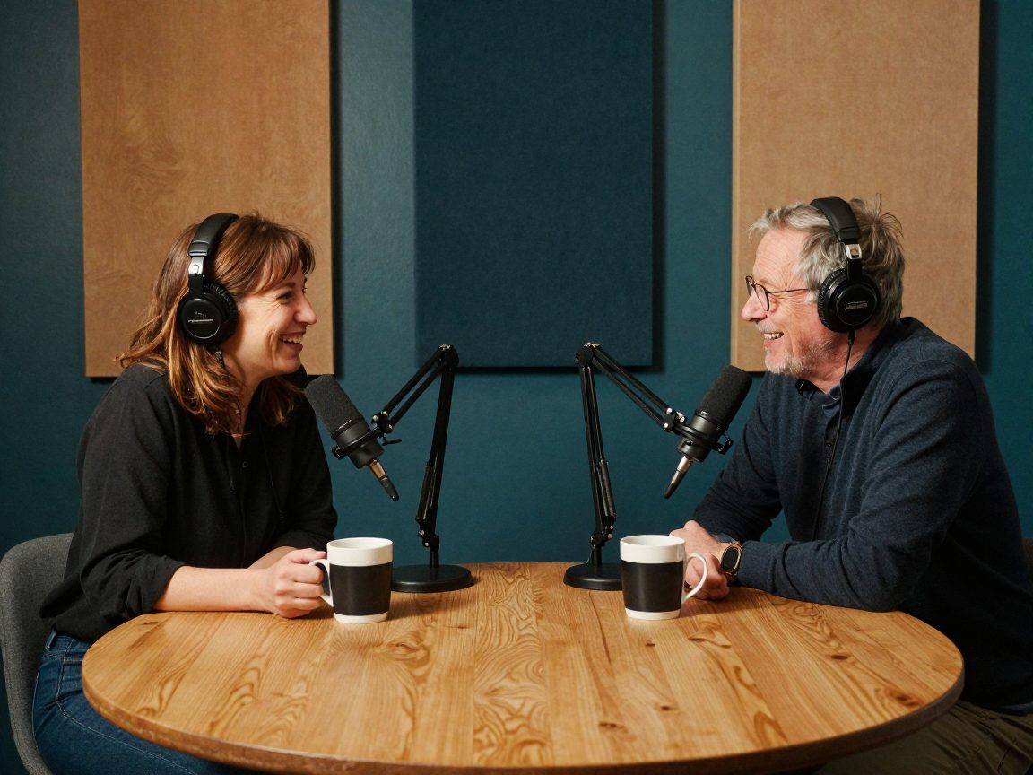 Twee podcastmakers praten aan een eikenhouten tafel in microfoons op een arm, met koptelefoons op.