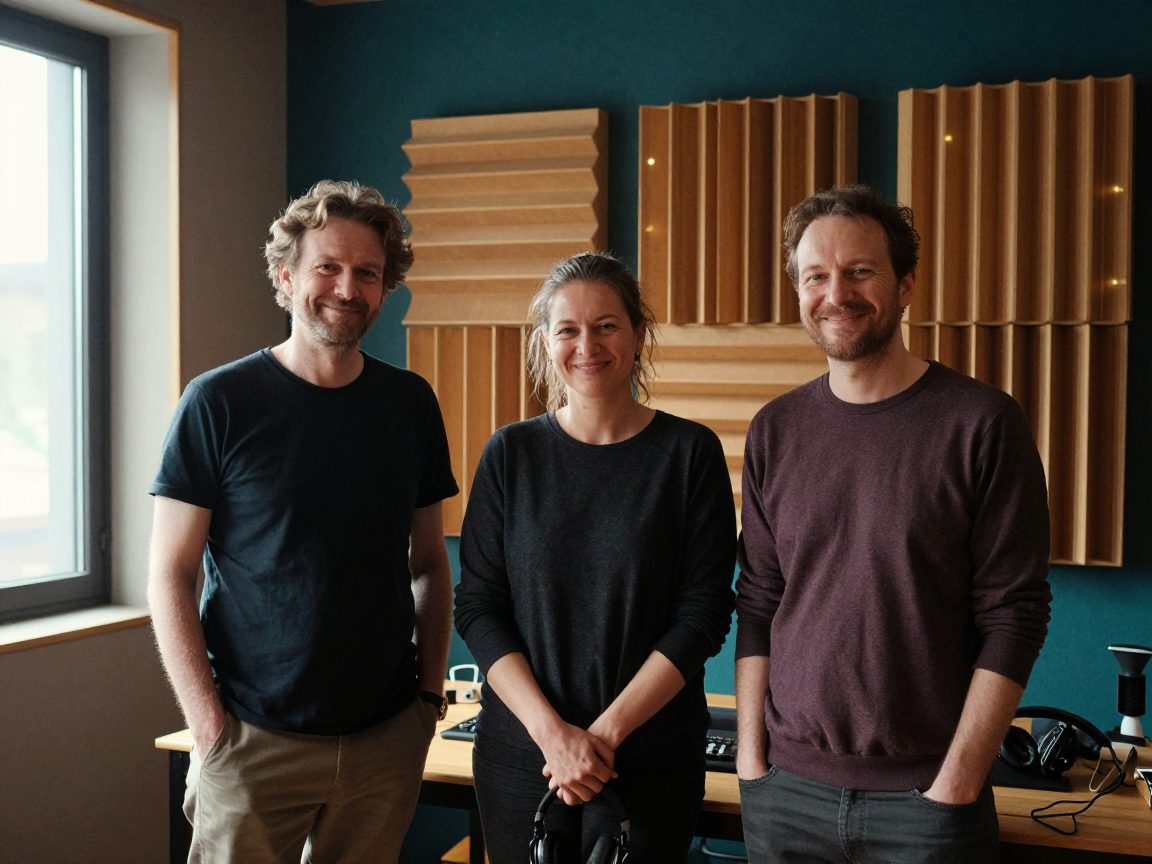 Drie studiomedewerkers staan ontspannen voor een wand met houten akoestische diffusers.