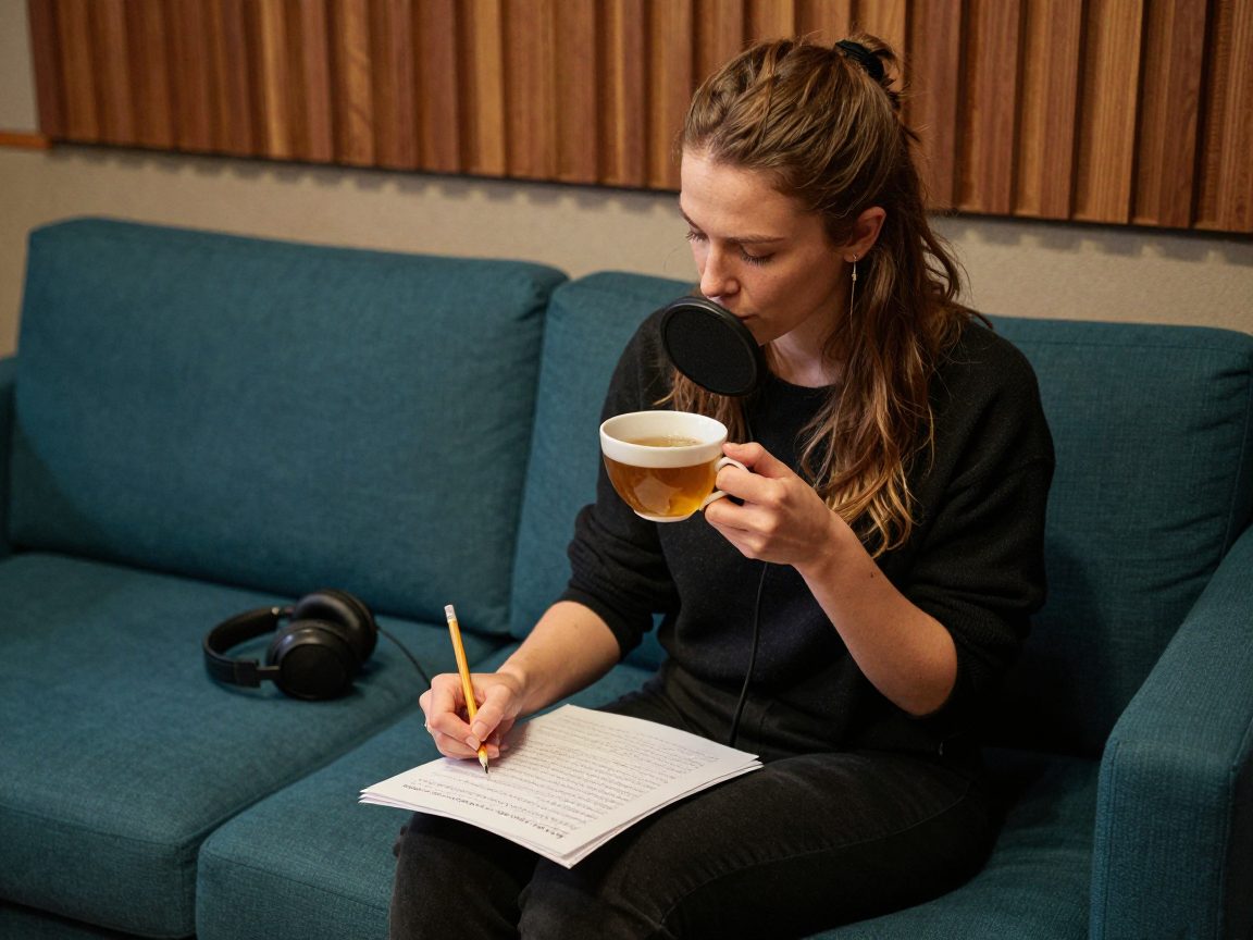 Zangeres warmt op met thee en maakt aantekeningen op een geprint tekstvel in de studiolounge.
