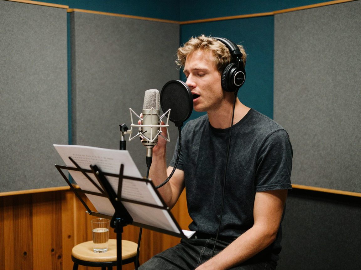 Jonge man met koptelefoon zingt in een vocal booth met tekst op een muziekstandaard.
